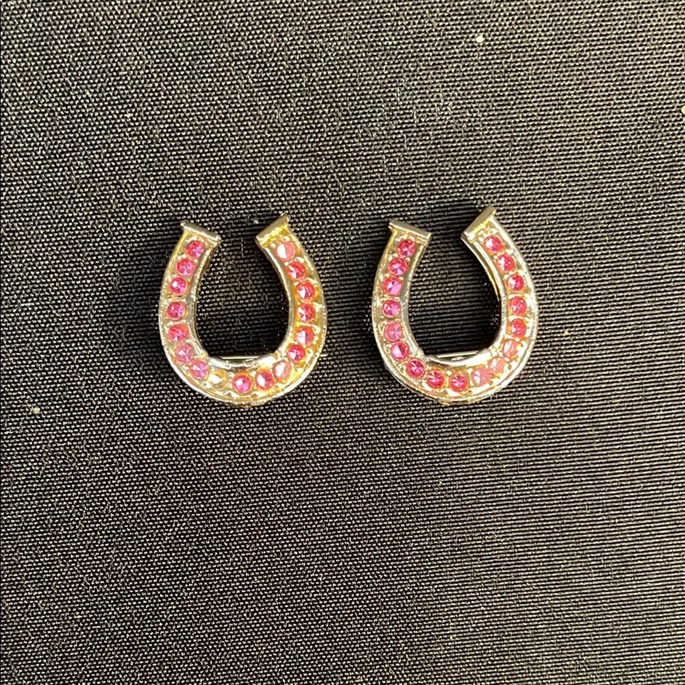 Vintage Little Lucky Horseshoe Brooch with Pink Rhinestones.